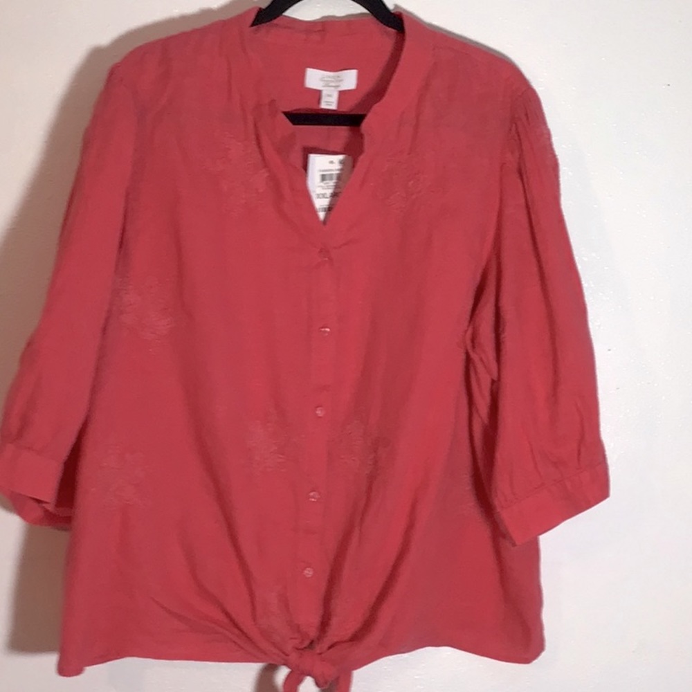 XXL Linen Charter Club Luxury embroidered button/tie blouse
